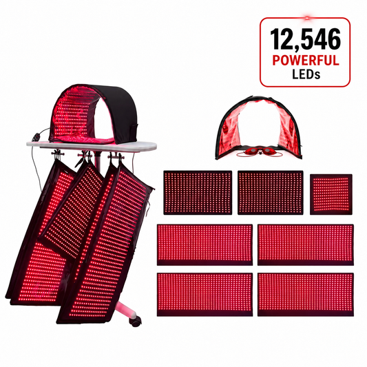 Full Body Red Light Therapy System 12,546 LED's in System. Includes 4 Pads 11" X 27", 2 Pads 11' X 16", 1 Face Dome, 1 Chin Pad