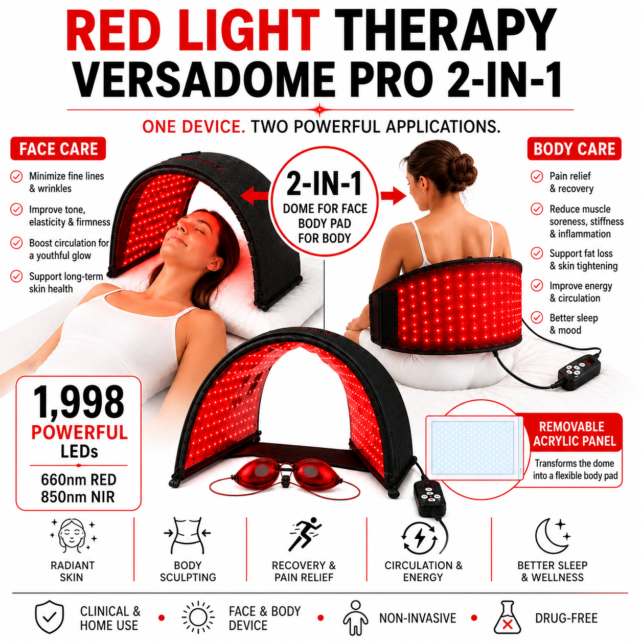 Red Light Therapy VersaDome Pro 2-in-1 – Face & Body Device with 1,998 LEDs